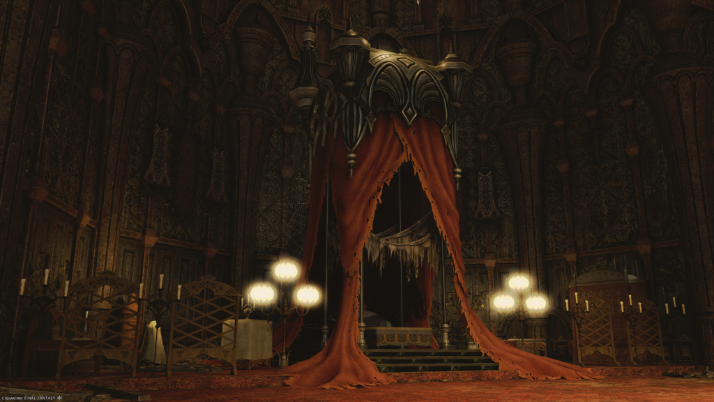 An FFXIV screenshot of an ARR dungeon. The image is a bedchamber, with a four poster bed that has been tattered with time, dust covered wooden walls, and a visible spider web.