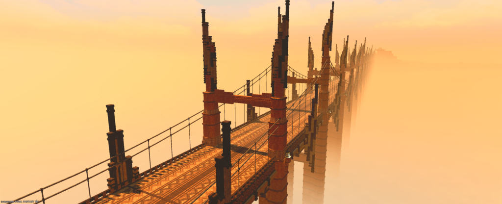 A screenshot from the video game FFXIV. This image depicts a long stone bridge that seems to fade into a yellow mist in the distance.