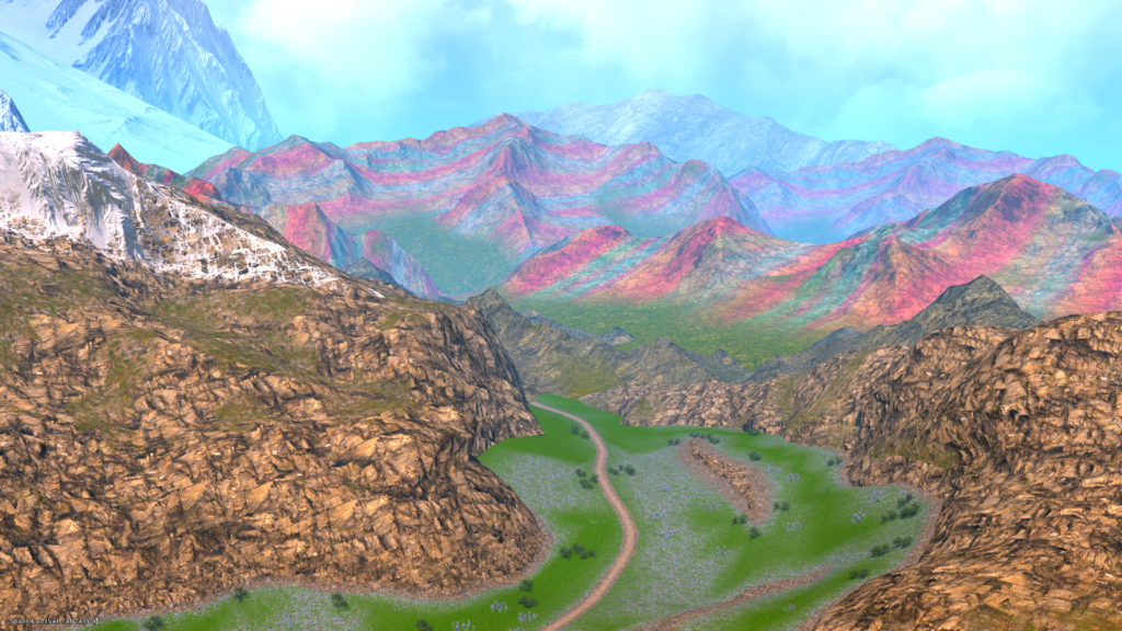 A screenshot from the video game FFXIV. This image depicts a series of jagged mountains that appeared to be painted with striped colors.