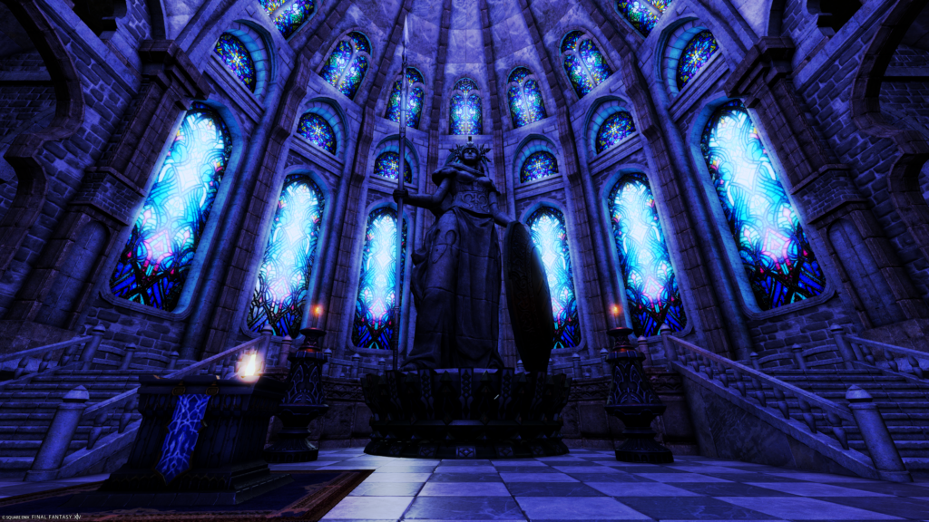 A screenshot from FFXIV. The image shows Halone, the Fury, from the main chapel in Ishgard.