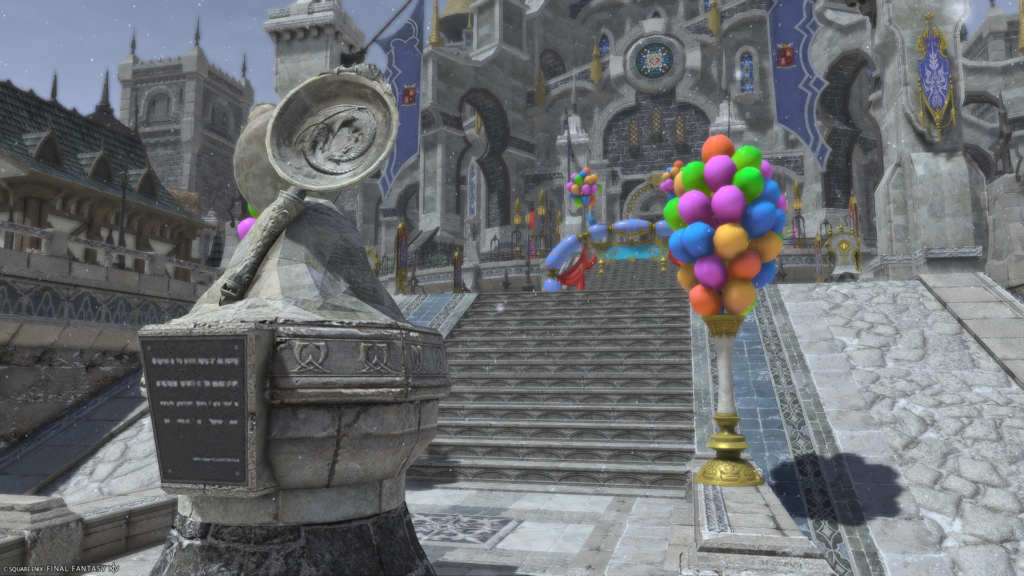 A screenshot from FFXIV. The image shows the Culinarian statue from Ishgard's Firmanent, with party balloons in the background.