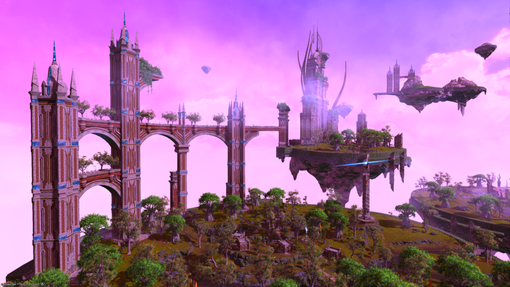 A screenshot from the video game FFXIV. This image depicts a series of floating islands in the sky covered in trees, butt focuses on a tall building in the distance.