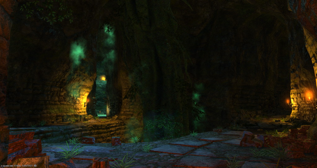 An FFXIV screenshot of an ARR dungeon. Stone lined walls are lined with torches and puffs of green mist.