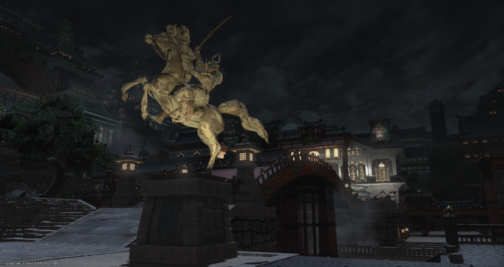 A screenshot from FFXIV. The image shows the large horse from the plaza in Kugane.