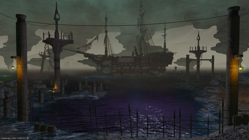 An FFXIV screenshot of an ARR dungeon. The interior of a bay shows a dusty ship in the distance.