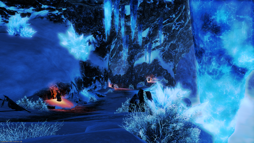 An FFXIV screenshot of an ARR dungeon. Brilliant blue glaciers and frozen bushes line a snow crusted pathway.