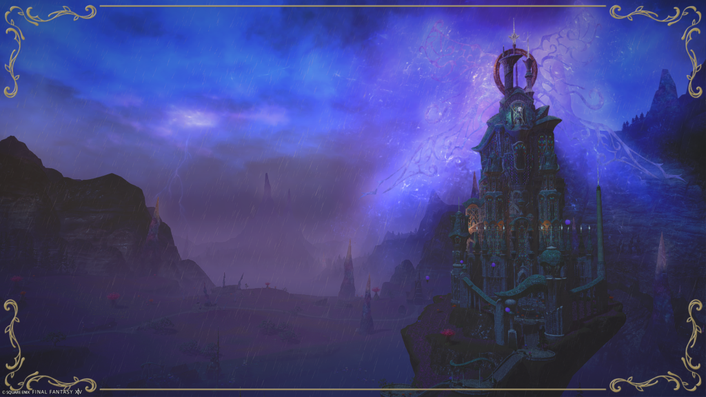 A screenshot from the video game FFXIV. This image depicts a fairy tale castle in a lightning storm, with purple clouds and mountains in the distance.