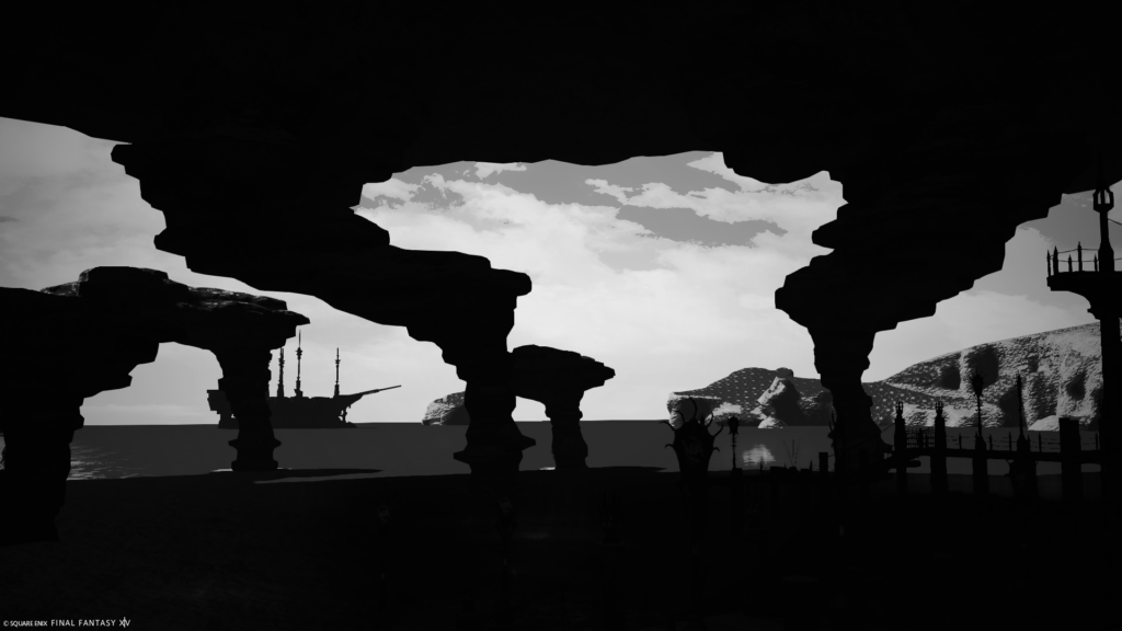 An FFXIV screenshot of an ARR dungeon. The image is in black and white, with stark limestone structures in the foreground and the outline of a ship in the background.