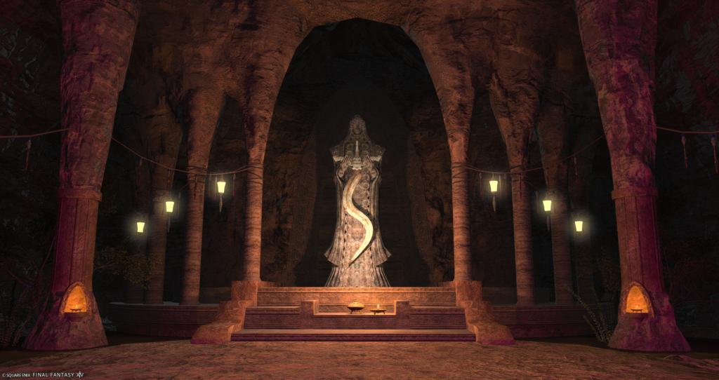 A screenshot from FFXIV. The image shows a statue of Nald, acting as the back entrance to Forgotten Springs.