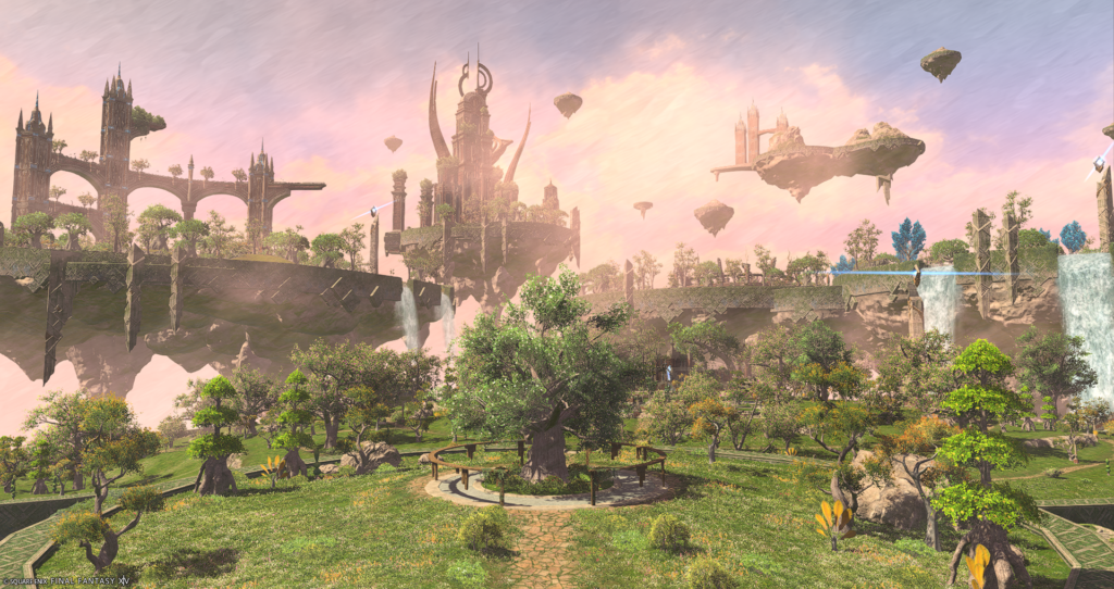 A screenshot from the video game FFXIV. This image depicts a series of floating islands covered with trees.