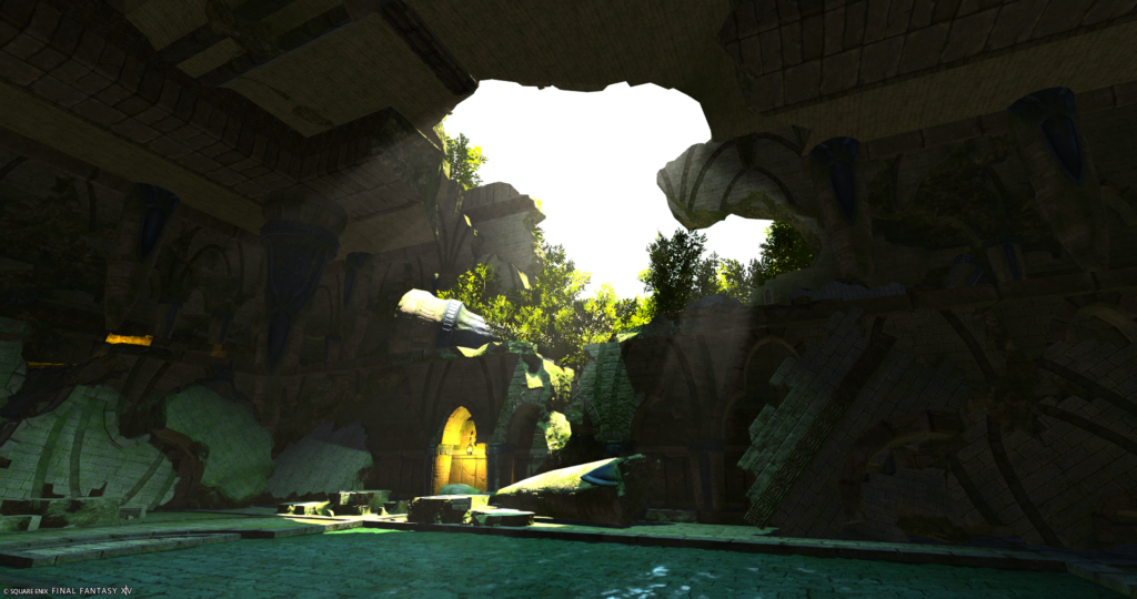 An FFXIV screenshot of an ARR dungeon. A large hole in the ceiling allows a shaft of sunlight to filter through.