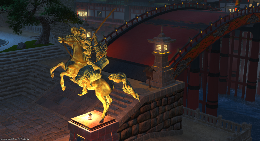 A screenshot from FFXIV. The image shows the large horse monument in Kugane.