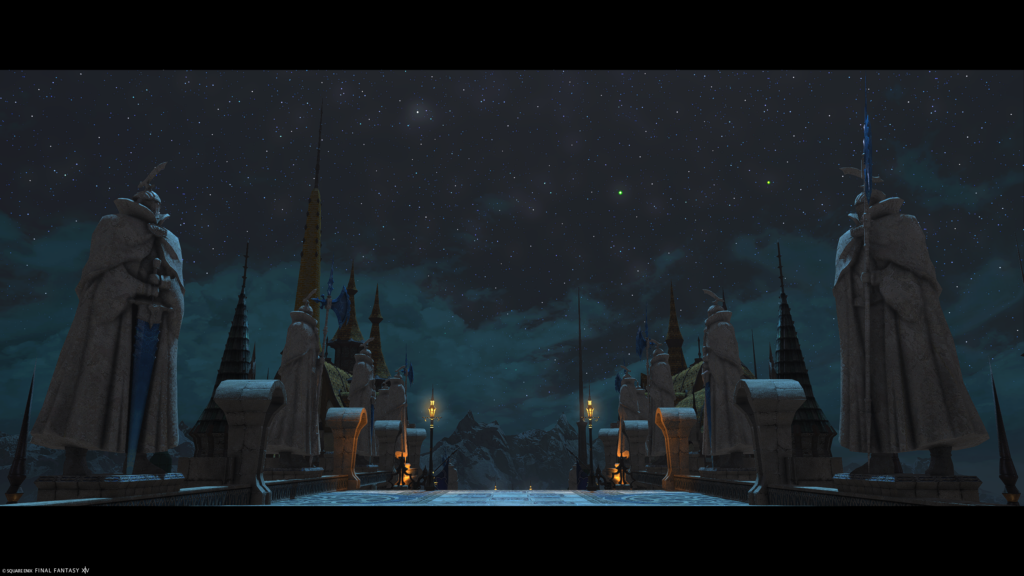 A screenshot from FFXIV. Six large statues are on display from the top of the Haplon in Ishgard.