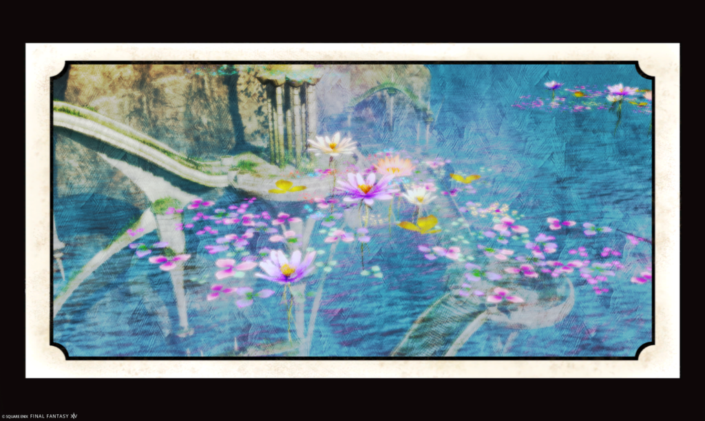 FFXIV Screenshot. A classic impressionistic style image of purple water lilies floating above the ruins of an old bridge.