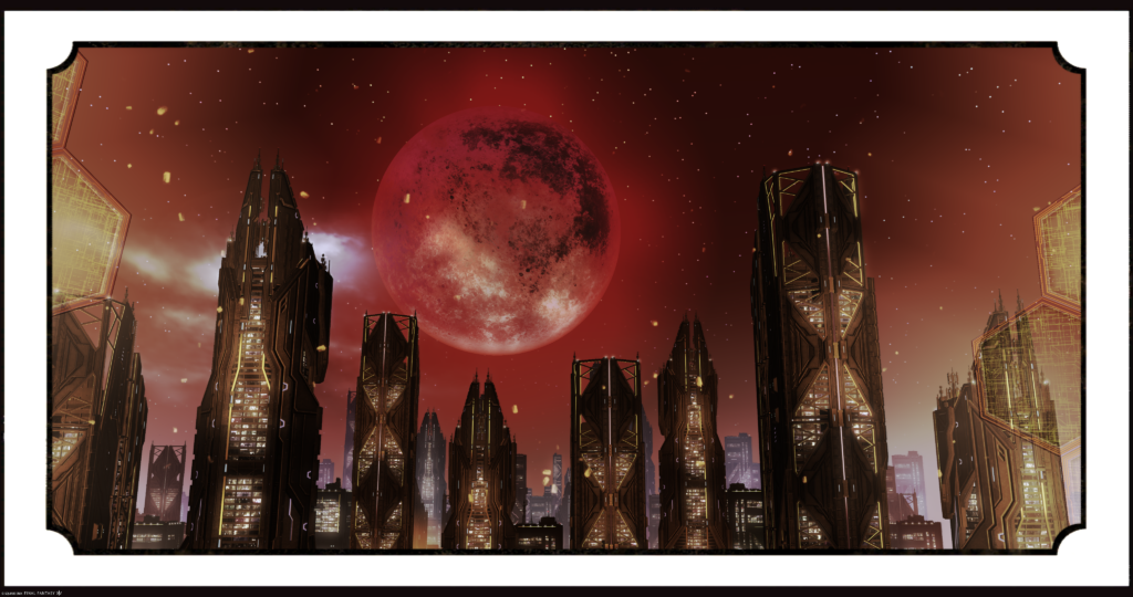 FFXIV Screenshot. A blood red alien moon hangs heavy in the sky above a modern city scape, with gleaming skyscrapers reaching toward stars warped with gravitational lensing.