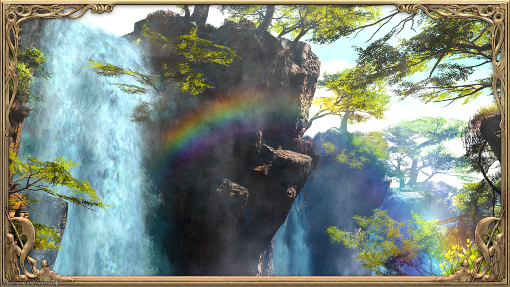 FFXIV Screenshot. The image shows a waterfall spilling over a cliff, with a rainbow forming from the water droplets as they filter off the morning sunlight through the dappled trees.