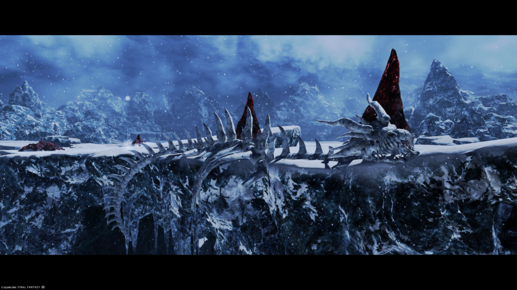 A screenshot from FFXIV. A dragon's skeleton teeters on the ledge in front of the mountains of Coerthas Western Highlands.