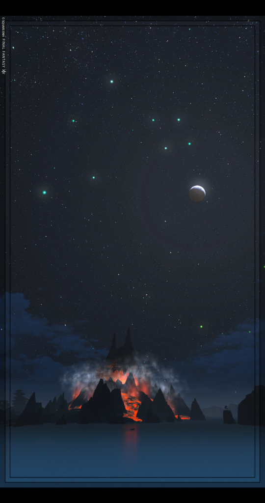 FFXIV Screenshot. The image is a volcano at night, with a scattering of stars and a crescent moon above it. Smoke clings to the jagged peaks.