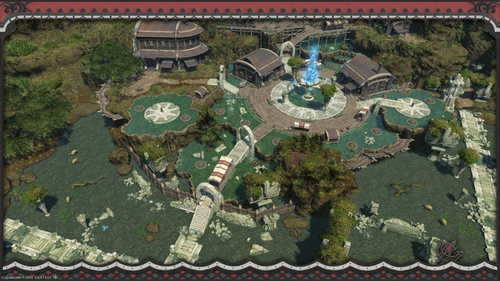 A screenshot from FFXIV. The image shows the hot springs of Camp Bronze Lake, including the surrounding stone walkways from the Nymian ruins.