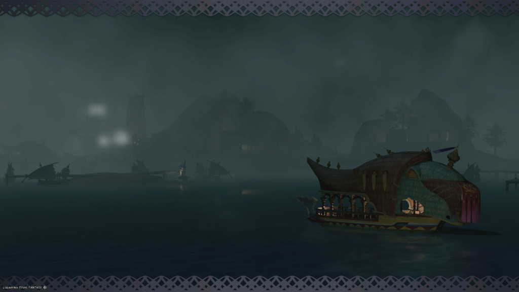 FFXIV Screenshot. The scene is a bay with boats at night, and distant mountains in the background. Layers of fog and distant lights give reflections on the water.