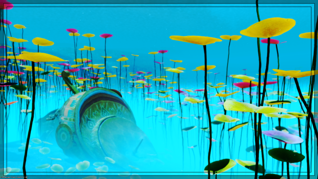 FFXIV Screenshot. The screenshot is underwater, with a brilliant light blue background, but extremely colorful water lilies scattered on the lake floor.