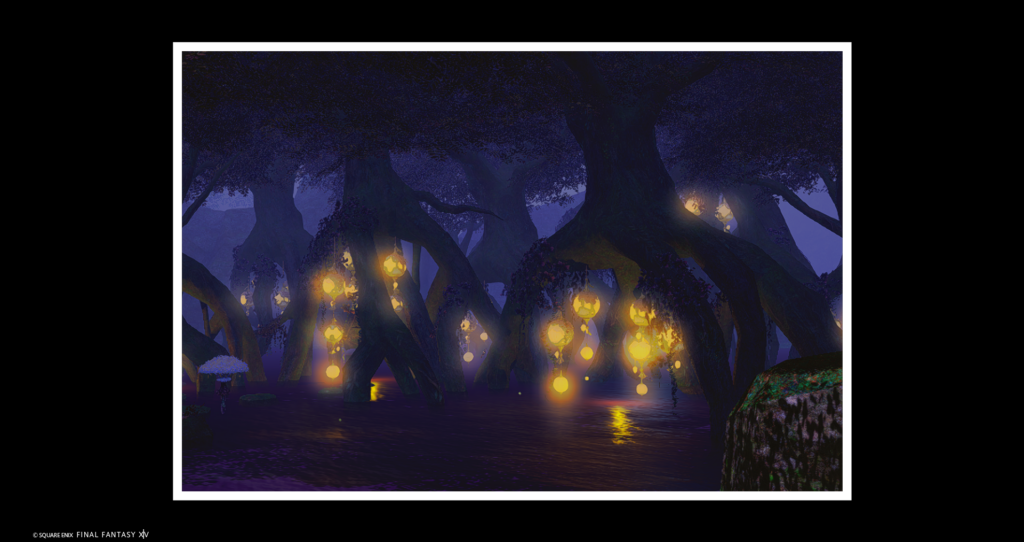 FFXIV Screenshot. A grove of trees similar to mangroves is shown in purple twilight, with hanging lanterns, from the Sylphlands.