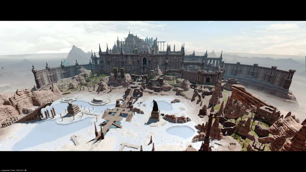 A screenshot from FFXIV. The entirety of the city state of Ala Mihgo is visible in a wide angle panoramic shot, with a cinema frame.