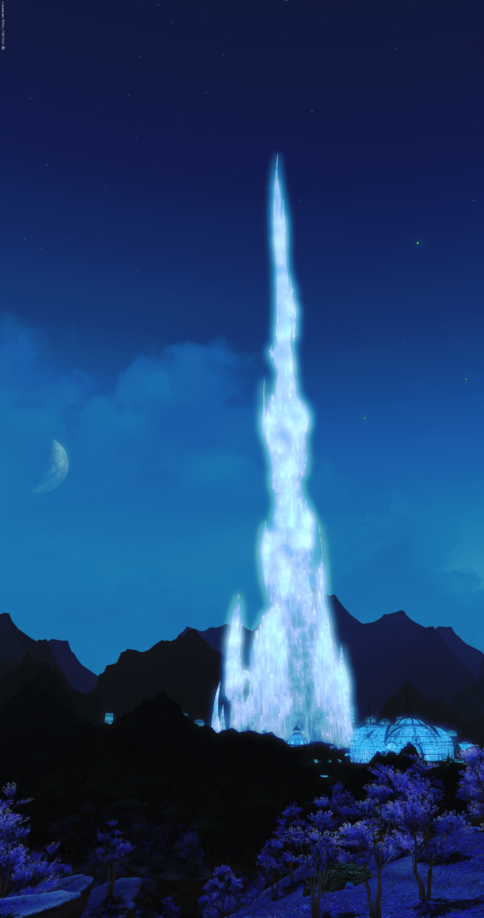 A screenshot from FFXIV. The clear spire of the Crystal Tower pierces the early evening.