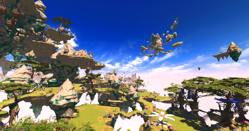 A screenshot from FFXIV. Craggy islands in the Sea of Clouds float against a blue sky,